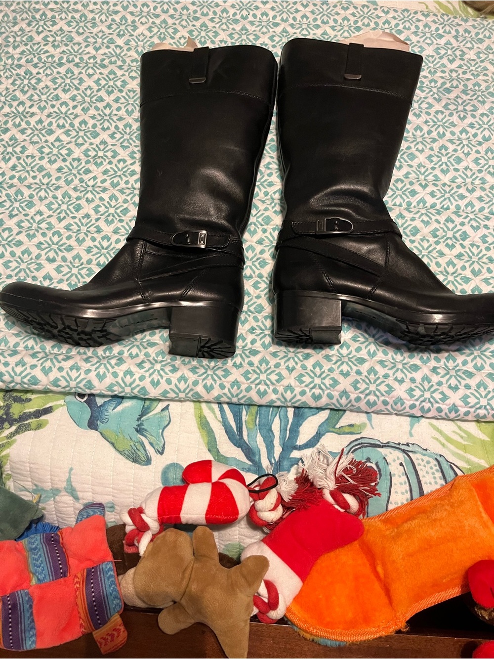 Bandolino Black Leather Mid-Calf Buckle Heeled Boots